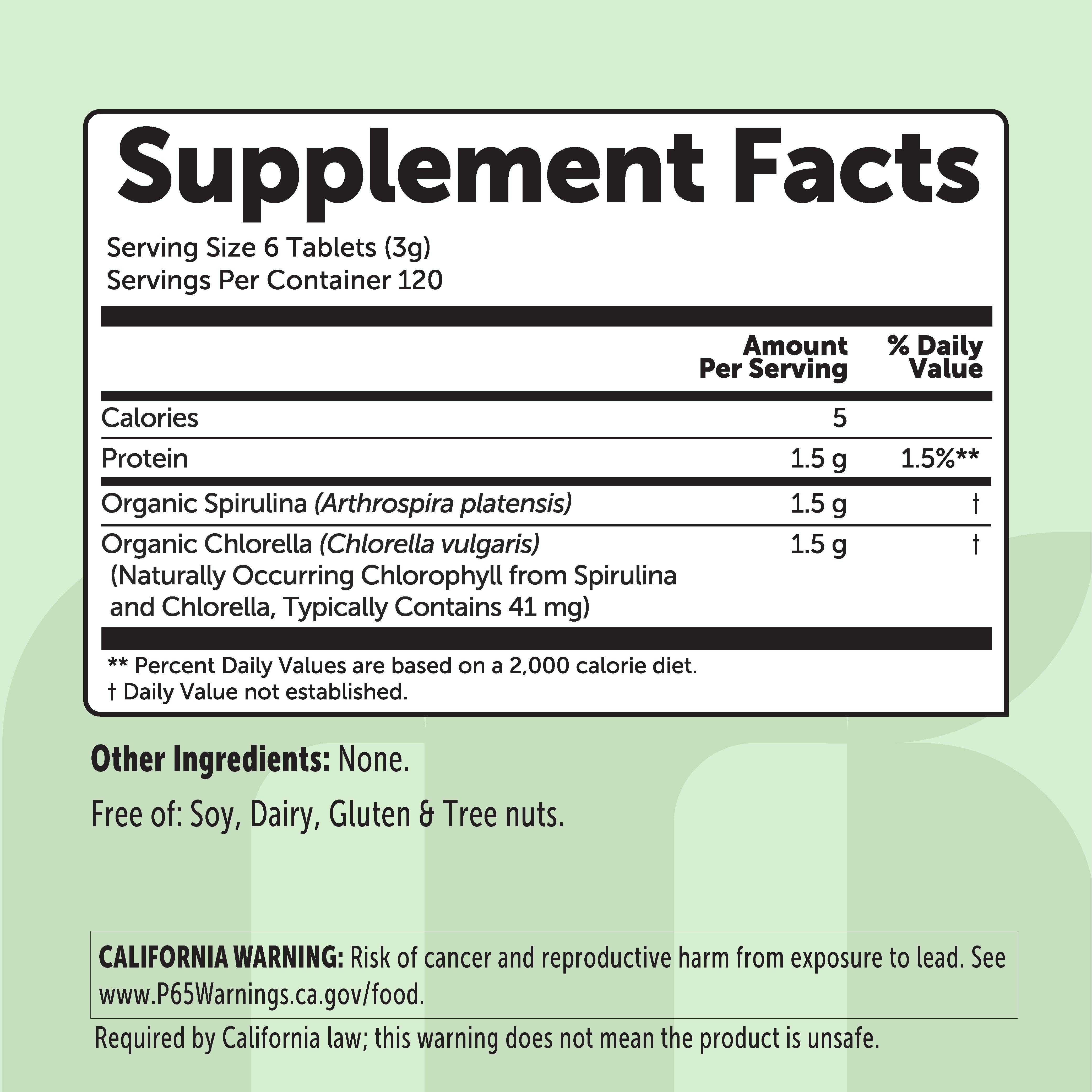Supplement facts panel for organic spirulina chlorella tablets